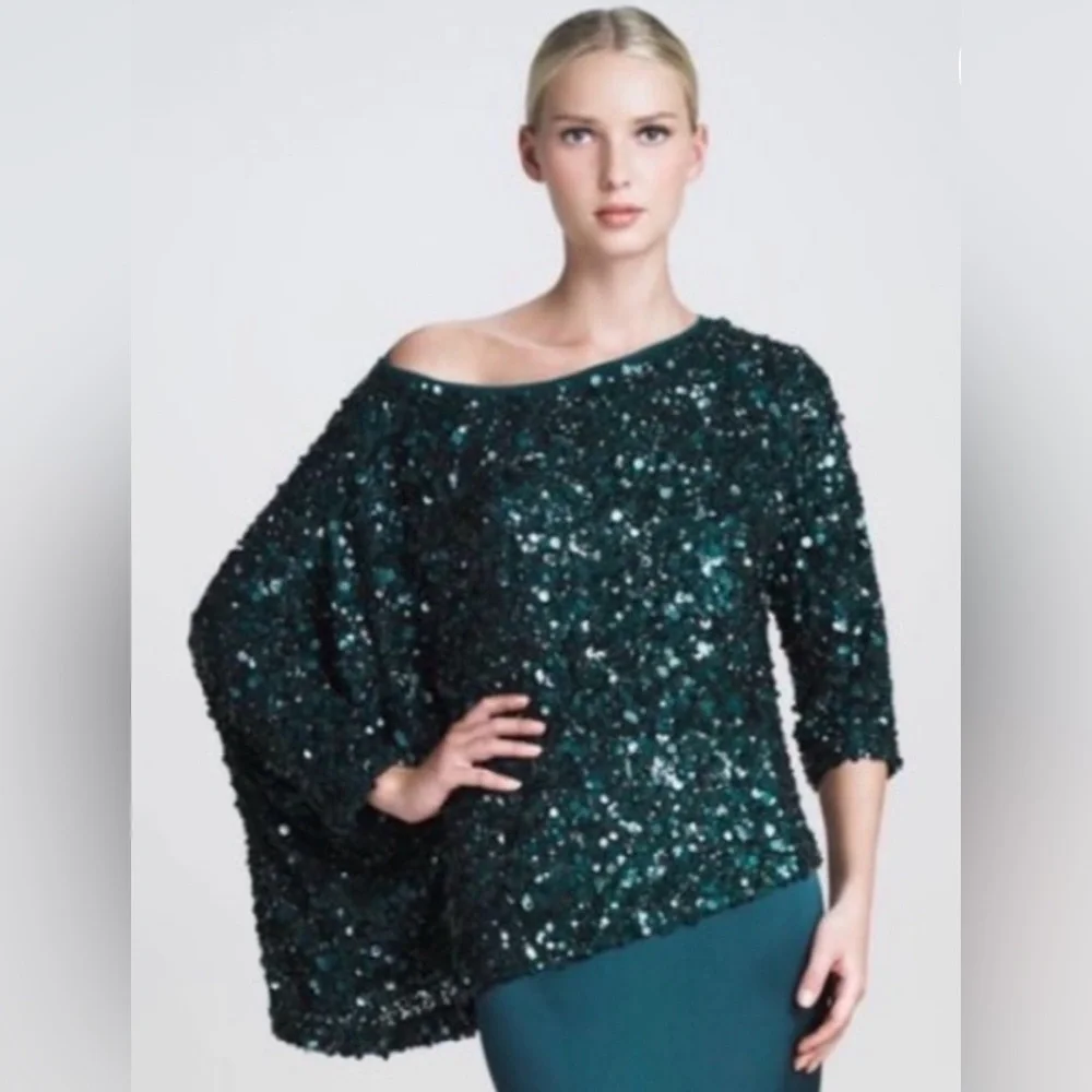St. John Teal Sequin Asymmetrical Top - Picture 1 of 5